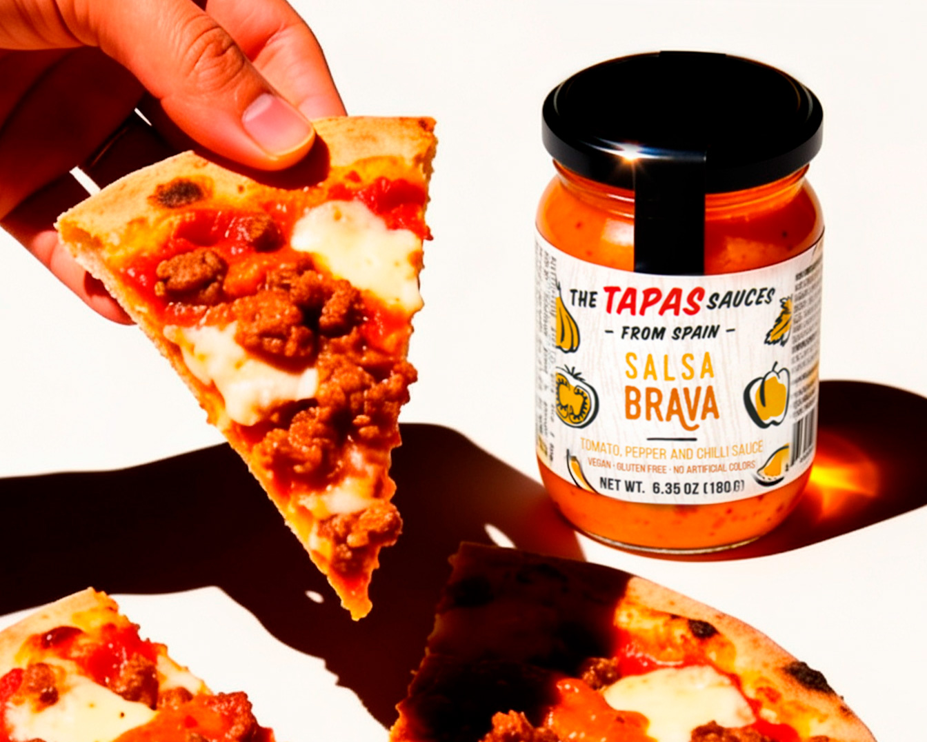 A slice of pizza with salsa brava